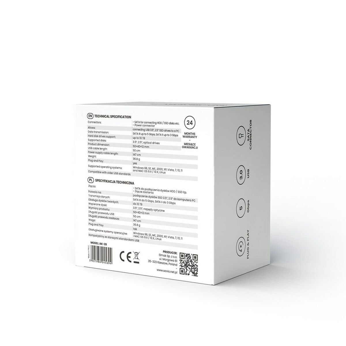 Cabo USB SATA III Savio AK-39 Preto 50 cm