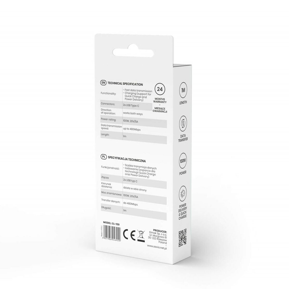 Cabo USB C Savio CL-159 Preto 1 m