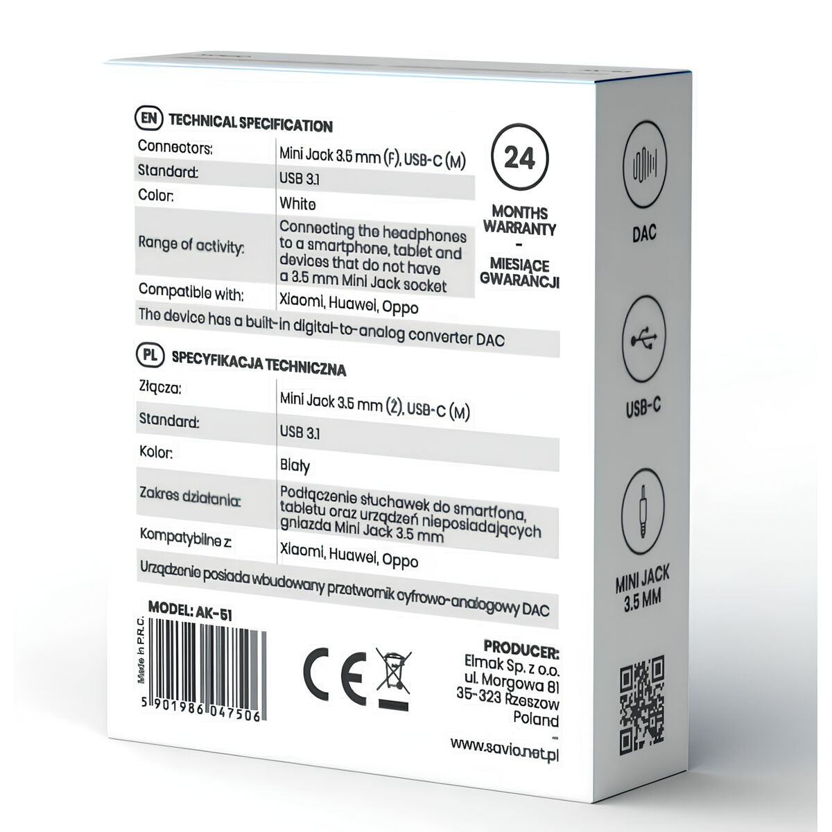 Adaptador USB-C para Jack 3.5 mm Savio AK-51 Branco 11 cm