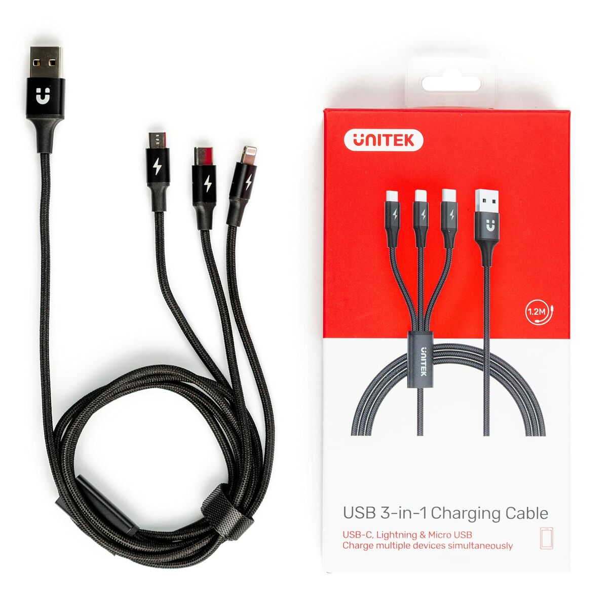 Cabo USB para Micro USB, USB-C e Lightning Unitek C14049BK Preto 1,2 m