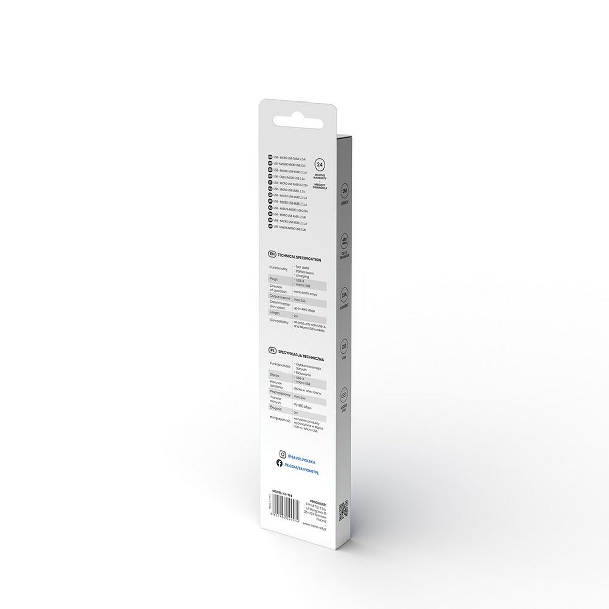 Cabo USB para micro USB Savio CL-124 Branco 2 m