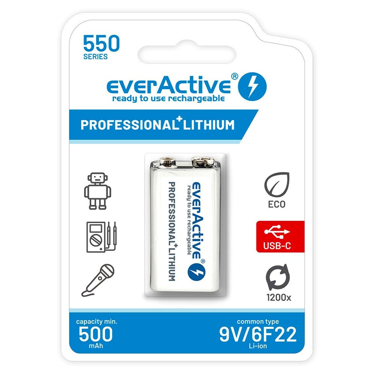 Pilhas Recarregáveis EverActive EVHR22-550C 9 V