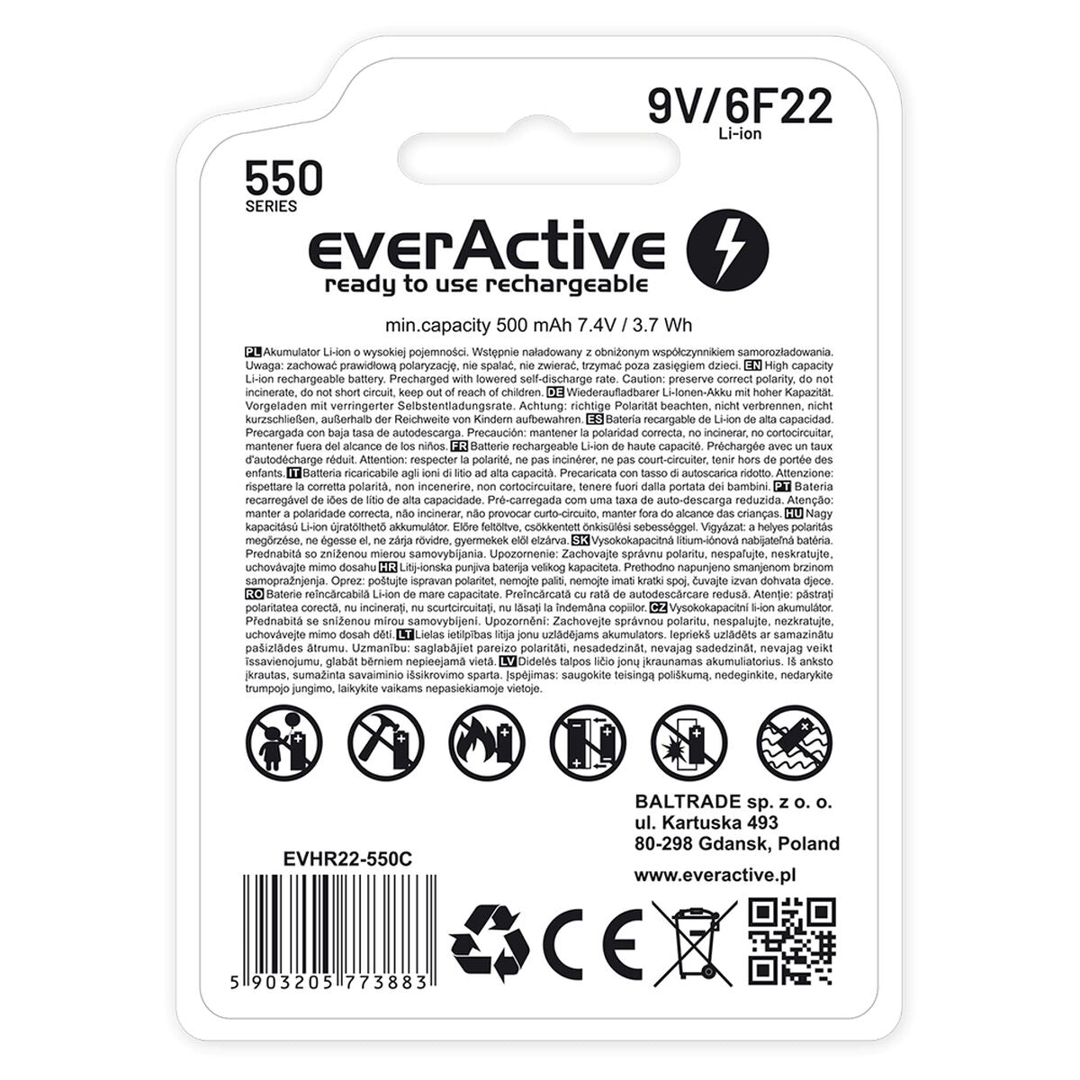 Pilhas Recarregáveis EverActive EVHR22-550C 9 V